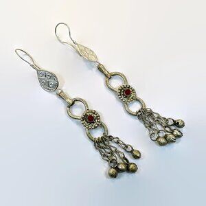 Afghan Earrings, Long Dangles, Silver, Middle Eastern, Vintage,  5 1/2" Long